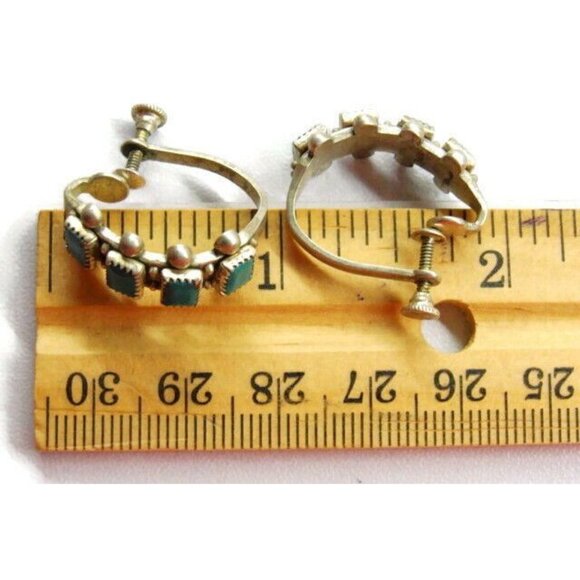 Green Tribal Turquoise Vintage Sterling Silver 925 Screw Back Earrings Patina - Picture 9 of 11